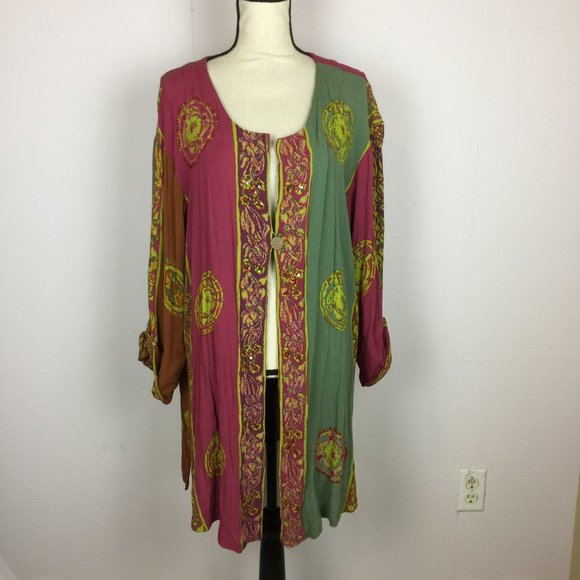 Soft Surroundings Jackets & Blazers - Soft Surroundings One Button Jacket 2X Womans Plus Pink Green Batik Print Rayon